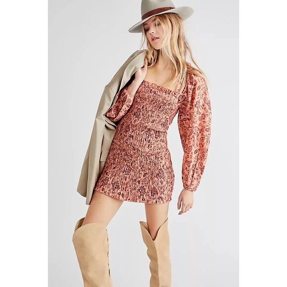 FREE PEOPLE Pink Floral Smocked Balloon Sleeve Square Neck Mini Dress Size Small - Picture 1 of 11